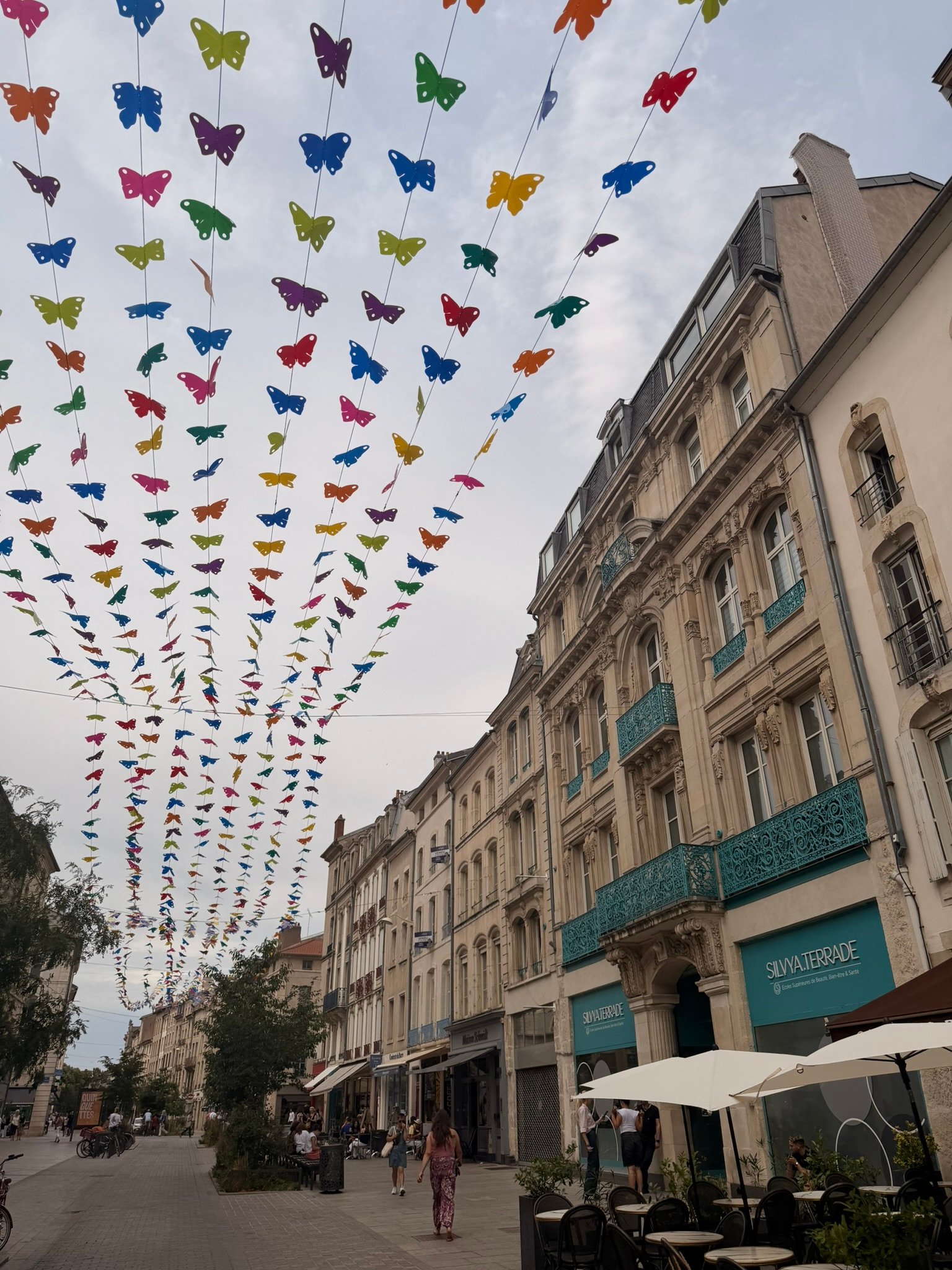Decorative butterfly garlands strung above a Nancy street